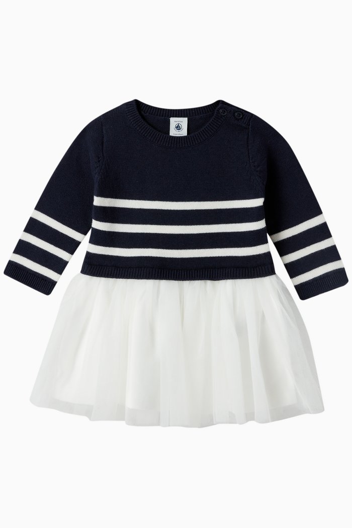 

Dress in Cotton-wool Knit & Tulle, Blue