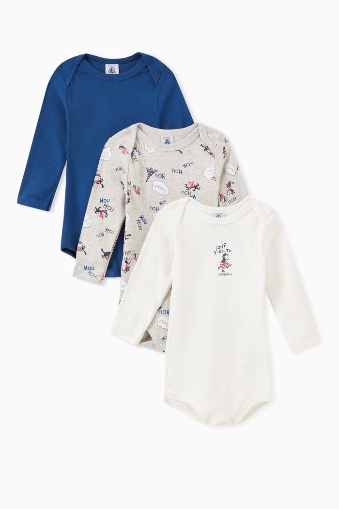 

Long Sleeve Bodysuit in Wolf Print Organic Cotton Rib Knit, Set of 3, Multicolour
