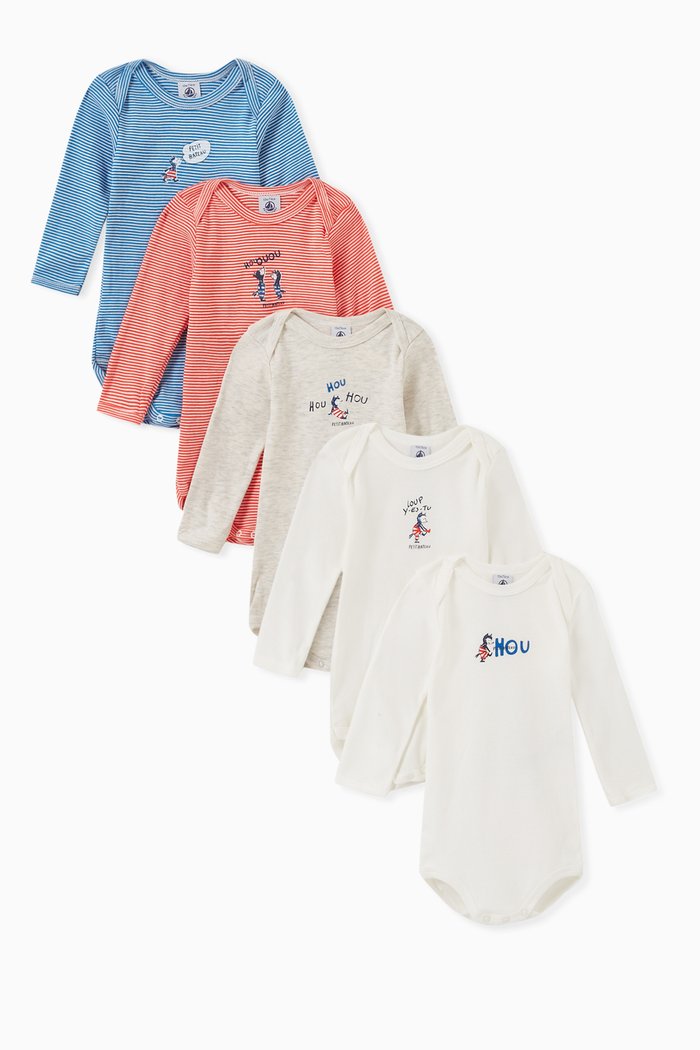 

Long Sleeve Bodysuit in Wolf & Stripe Cotton Rib Knit, Set of 5, Multicolour