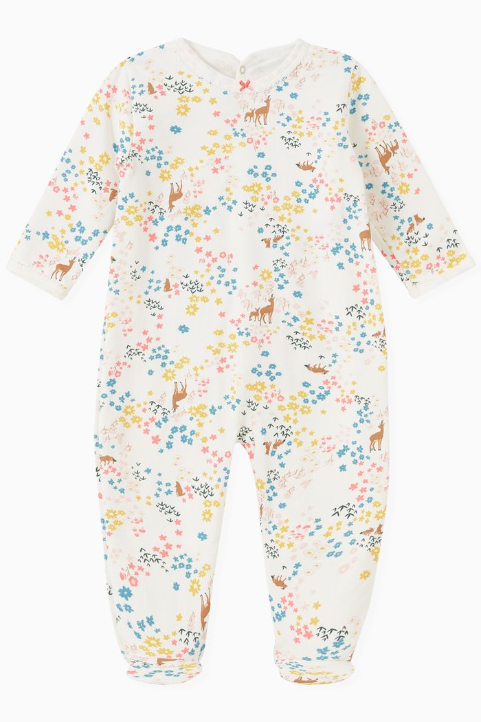 

Sleepsuit in Floral & Deer Print Cotton Fleece, Multicolour
