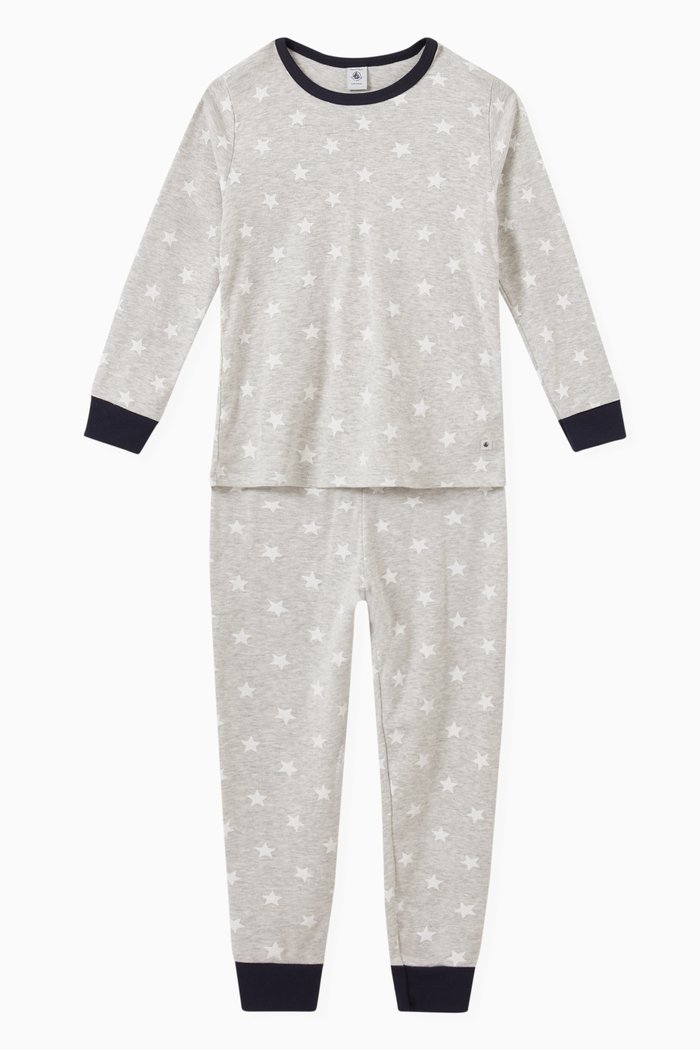 

Pyjama in Star Print Cotton Rib Knit, Grey