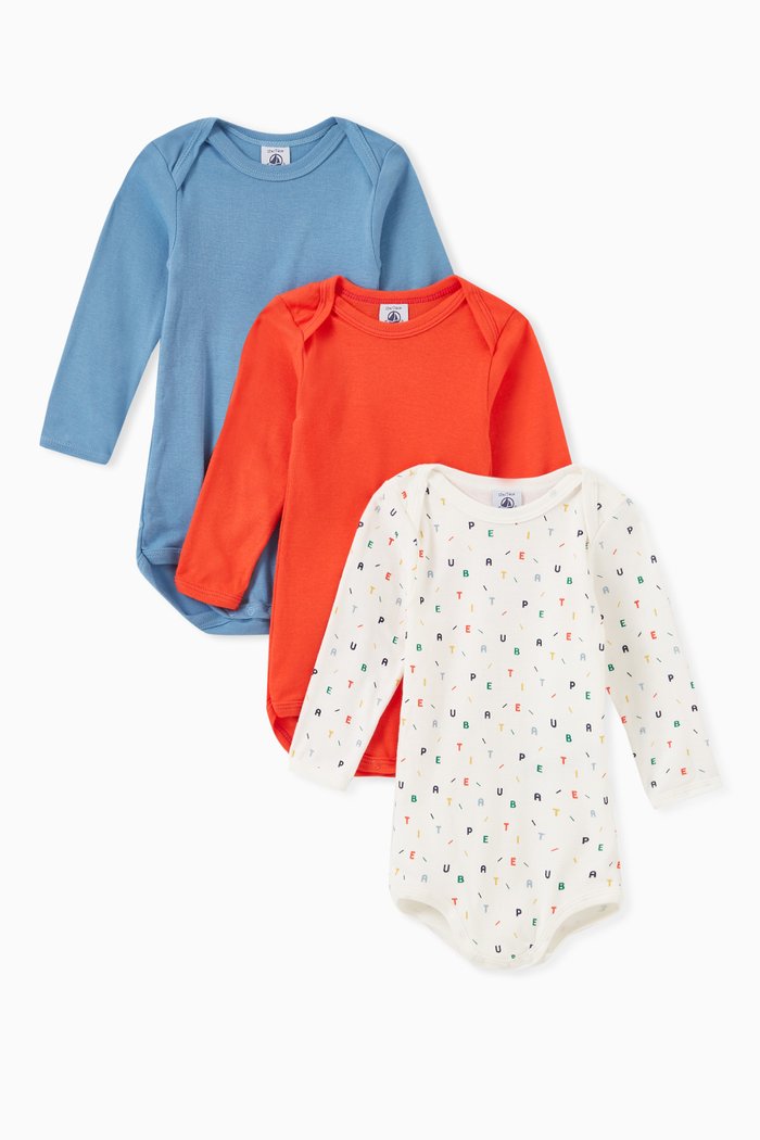 

Long Sleeve Bodysuit in Letter Print Organic Cotton Rib Knit, Set of 3, Multicolour