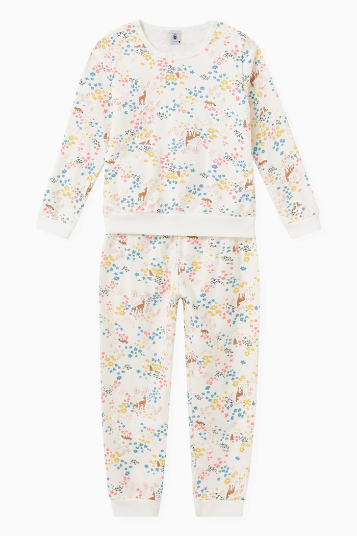 

Pyjama in Floral & Deer Print Cotton Fleece, Multicolour