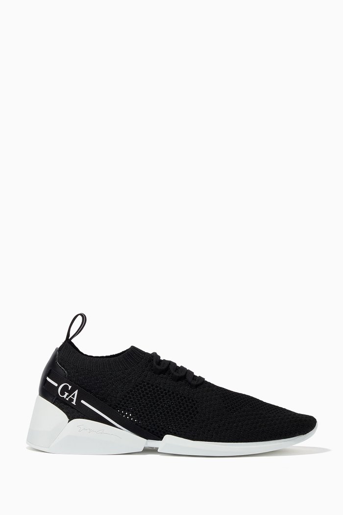 Lace-up Sneakers in Knit Mesh & Melange Leather, Black