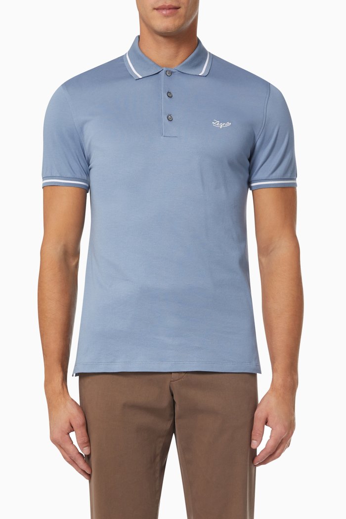 

Short Sleeve Polo Shirt in Stretch Cotton, Blue