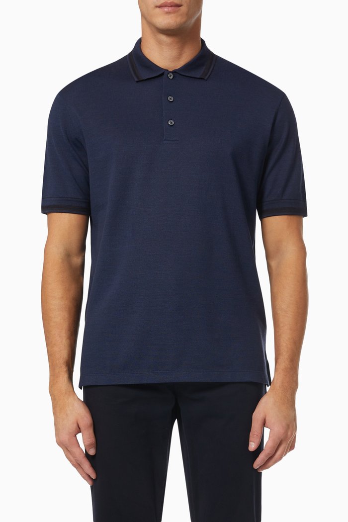 

Short Sleeve Polo Shirt in Cotton & Silk, Blue