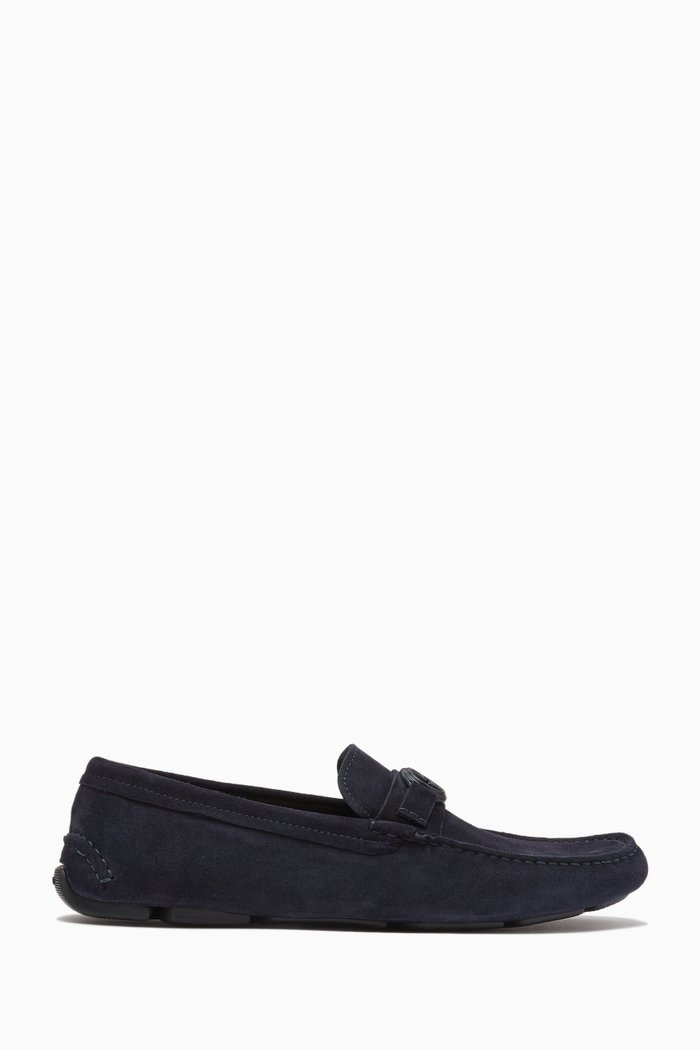 

GA Logo Buckle Moccasins in Suede Leather, Blue