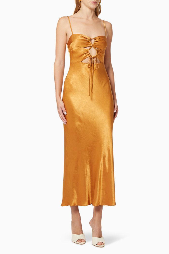 

Alma Lace-up Midi Dress in Satin, Orange