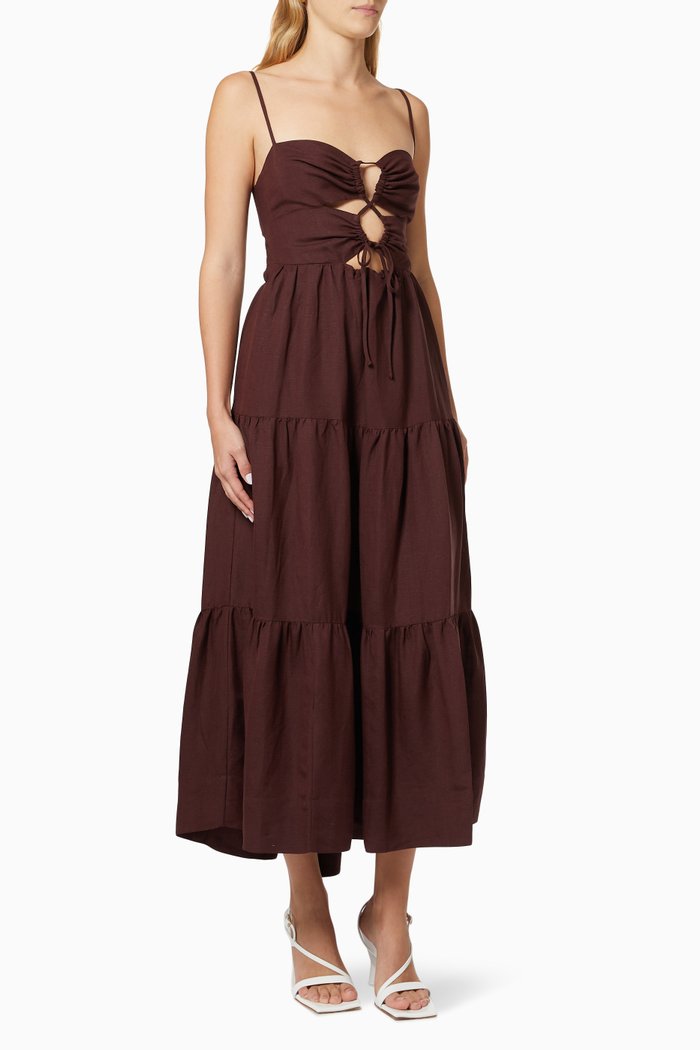 

Rubi Lace-up Midi Dress in Linen-blend, Brown