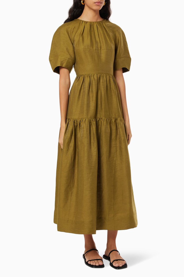 

Maya Open Back Dress in Linen, Green