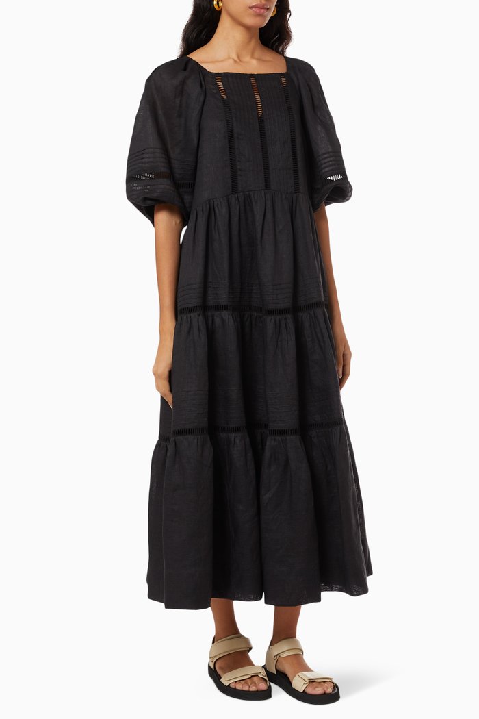 

Ariella Pin Tuck Midi Dress in Linen, Black