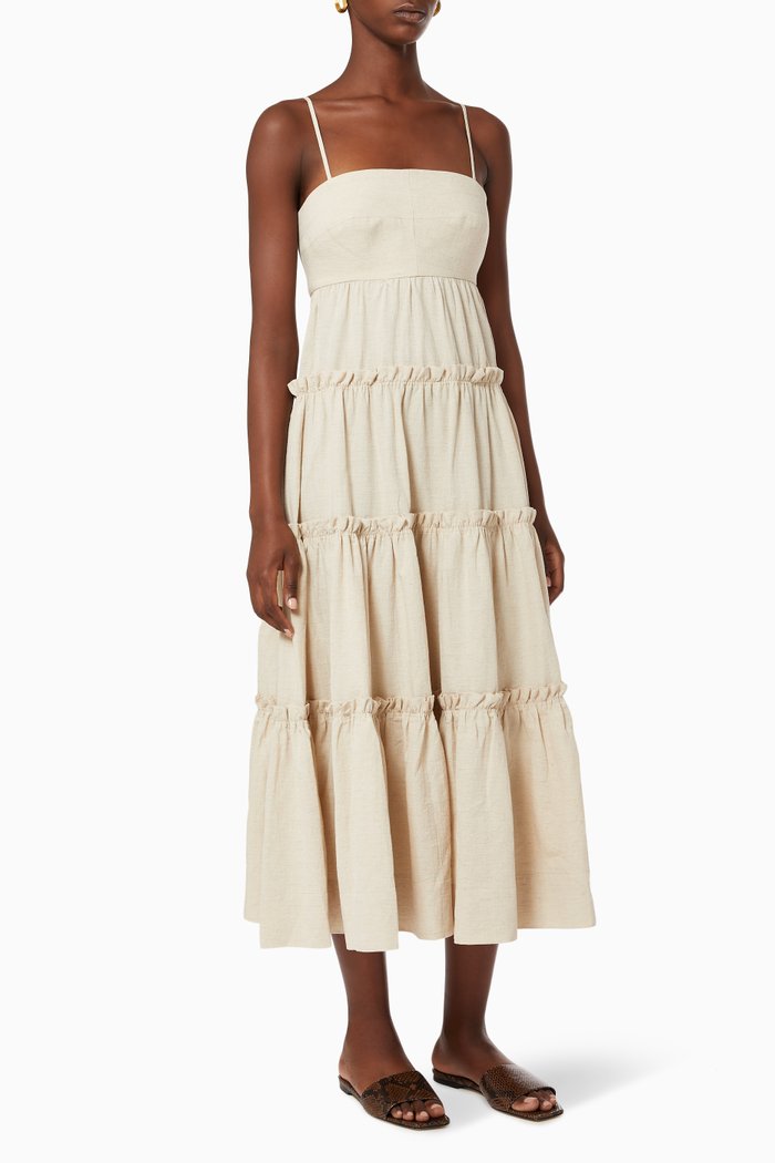 

Fiona Open Back Tiered Midi Dress in Cotton, Neutral