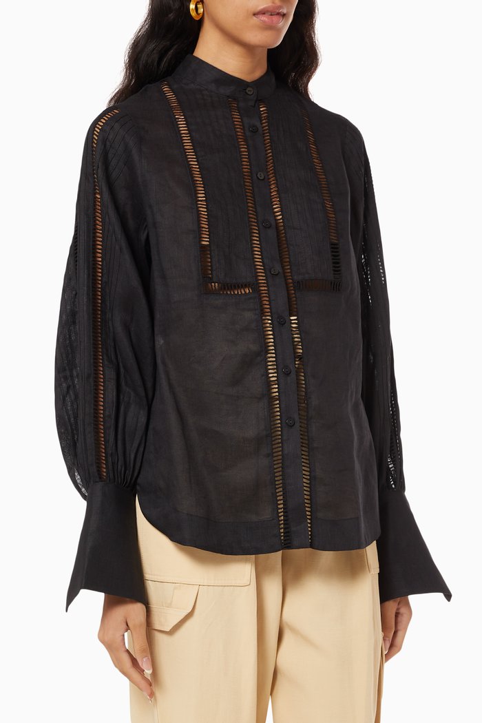 

Ariella Pin Tuck Tuxedo Shirt in Linen, Black