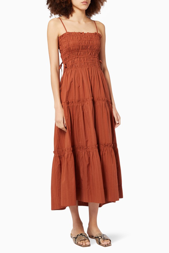 

Kaia Shirred Tiered Midi Dress in Cotton, Brown