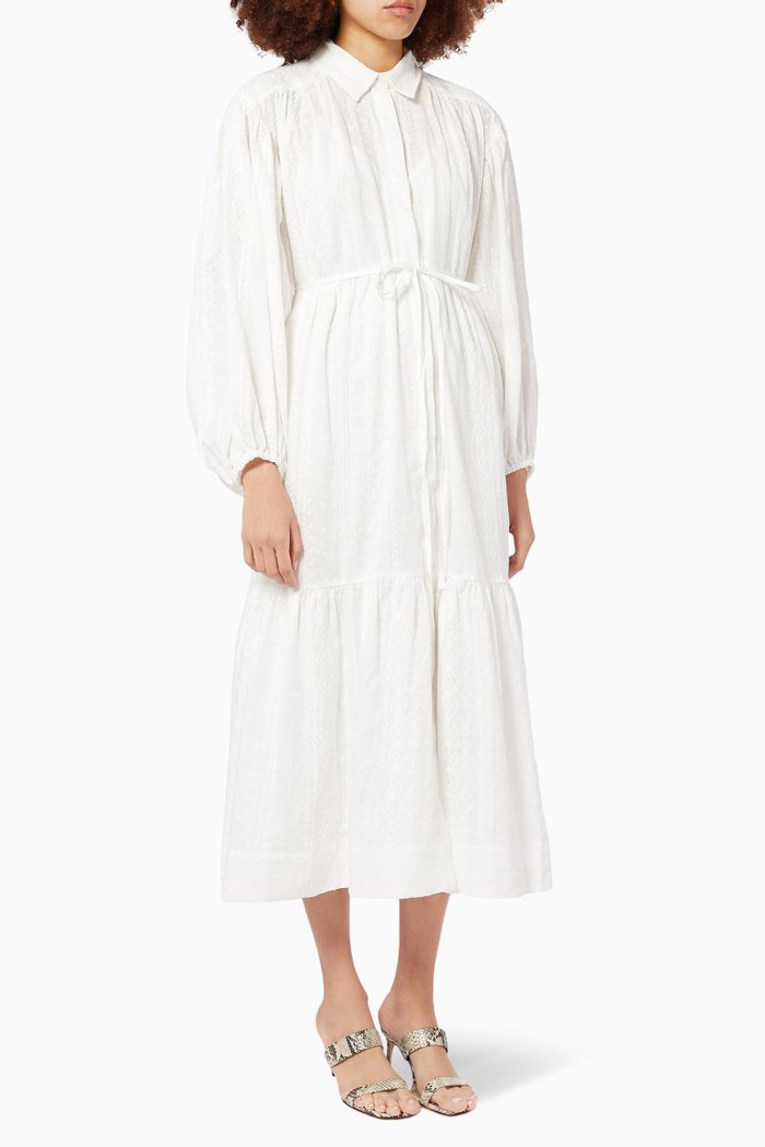 

Cosmo Button Up Tiered Midi Dress in Linen, White