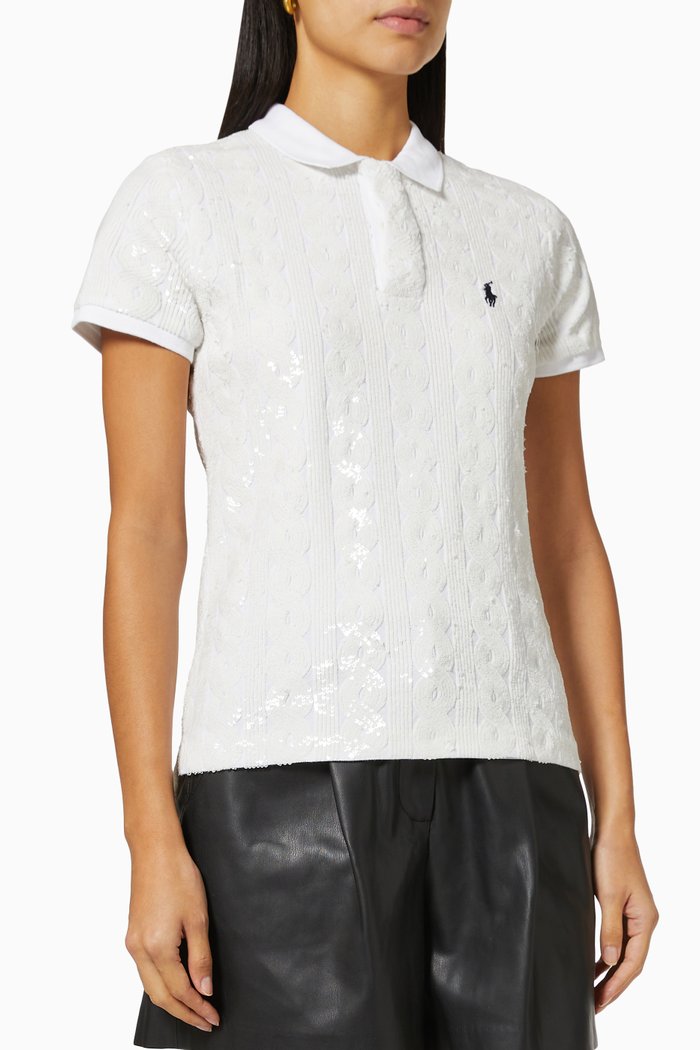 

Sequinned Slim Fit Polo Shirt in Cotton Mesh, White