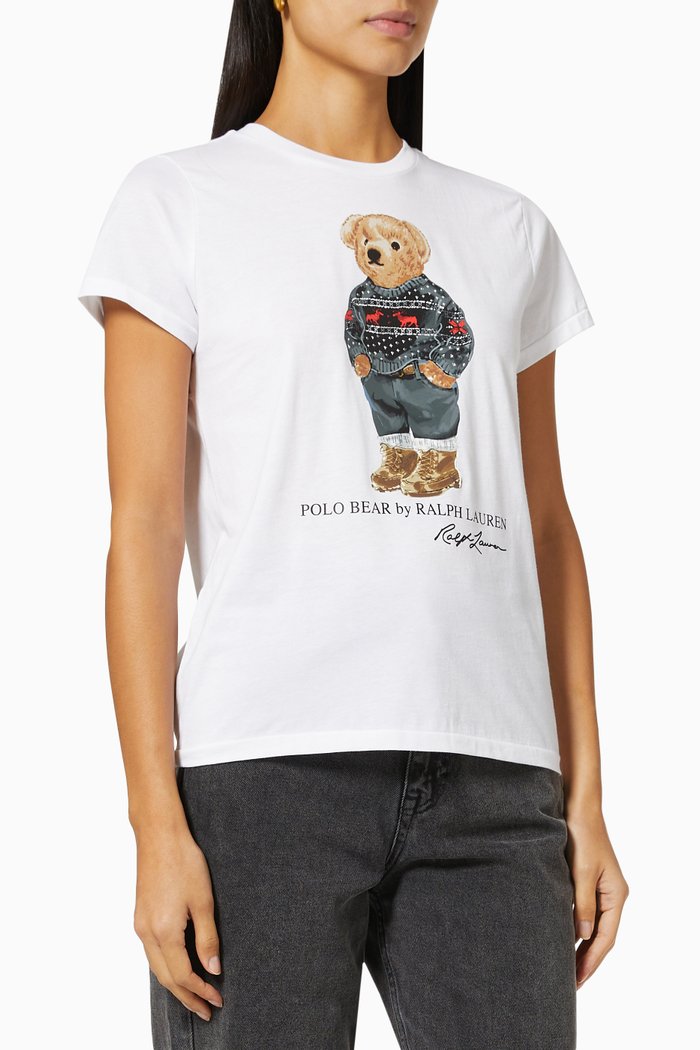 Festive Polo Bear T-shirt in Cotton Jersey, White