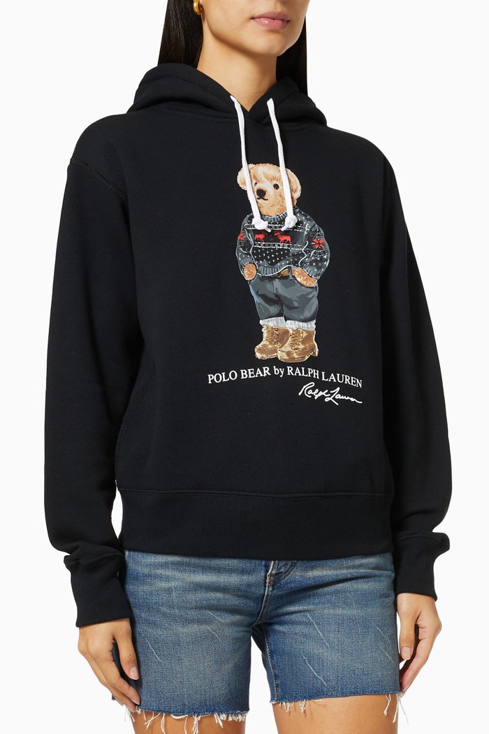 

Festive Polo Bear Hoodie in Cotton Blend Fleece, Black