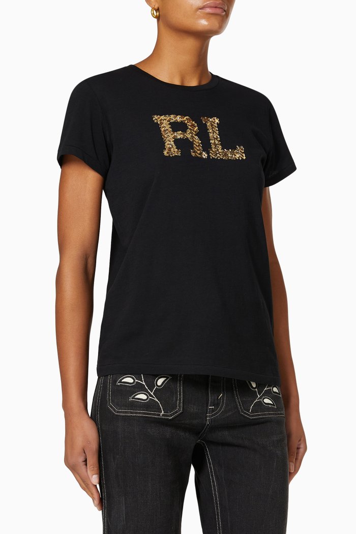 

Sequinned Logo T-Shirt in Cotton Jersey, Black