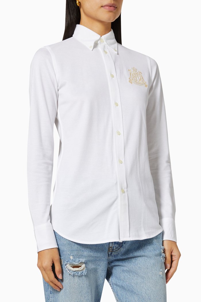 Logo Crest Slim Fit Oxford Shirt in Cotton, White