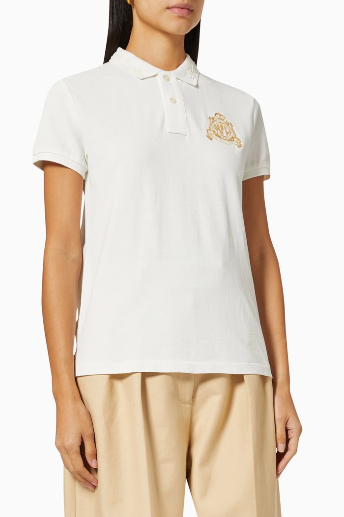 

Embellished Crest Classic Fit Polo Shirt in Cotton Mesh, White