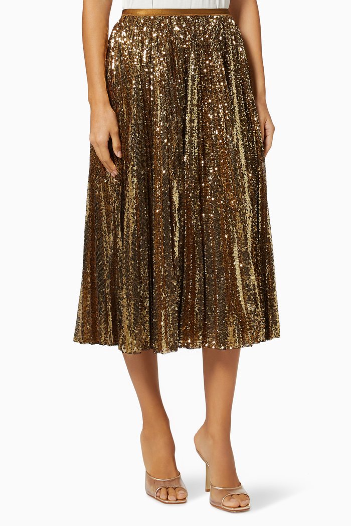 

Pleated Midi Skirt in Sequins, Gold