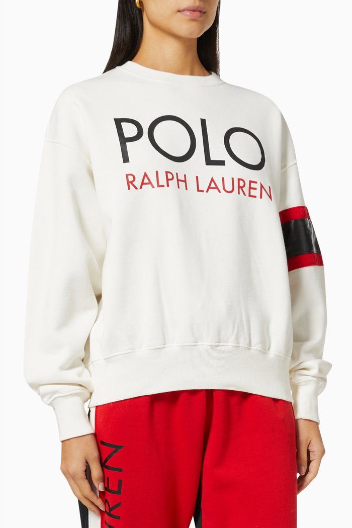 

Leather Striped Trim Sweatshirt in Cotton Blend Fleece, White