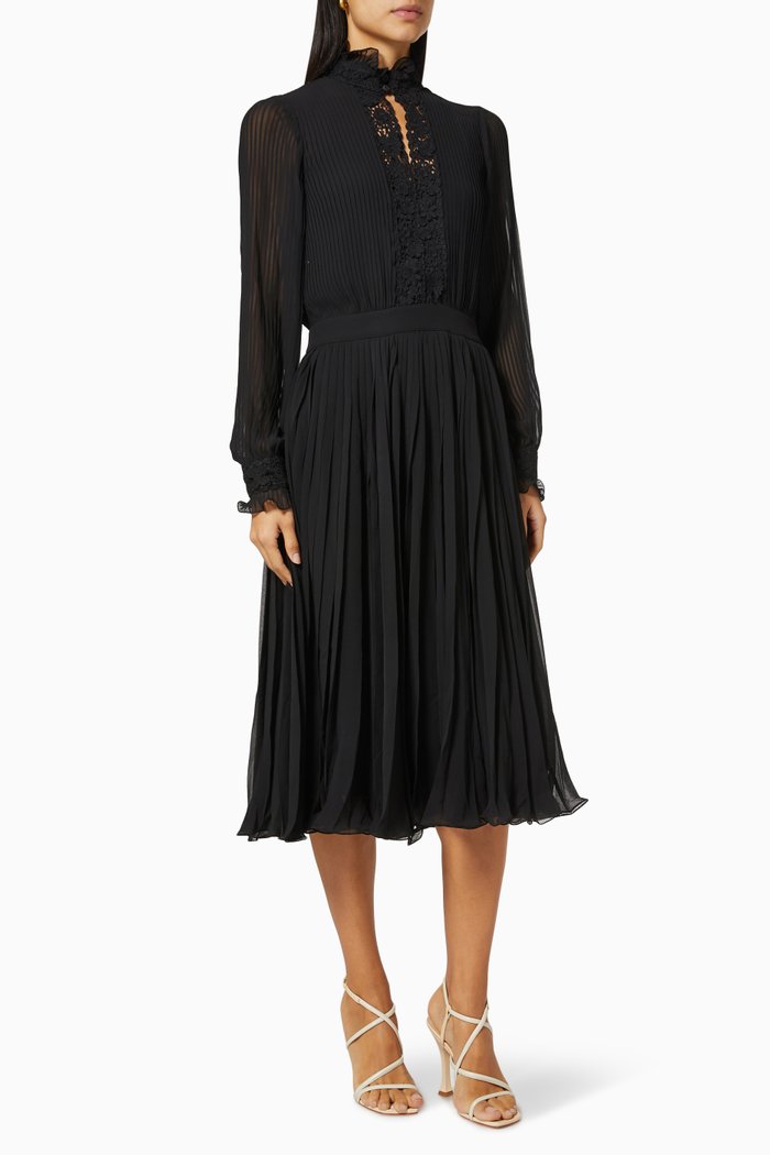 

Lace Trim Pleated Midi Dress in Georgette, Black