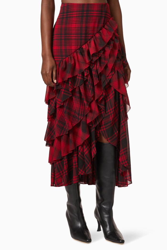 

Ruffled Tartan Plaid Skirt in Crepe, Multicolour