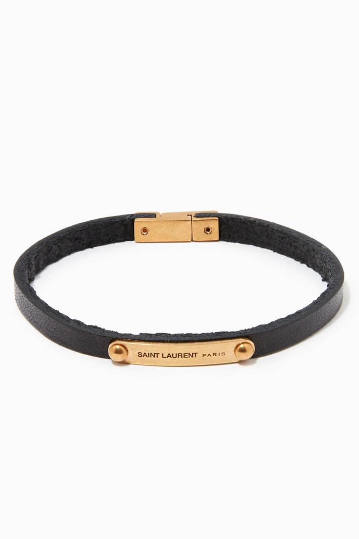 SAINT LAURENT ID Plaque Bracelet in Smooth Leather, Black