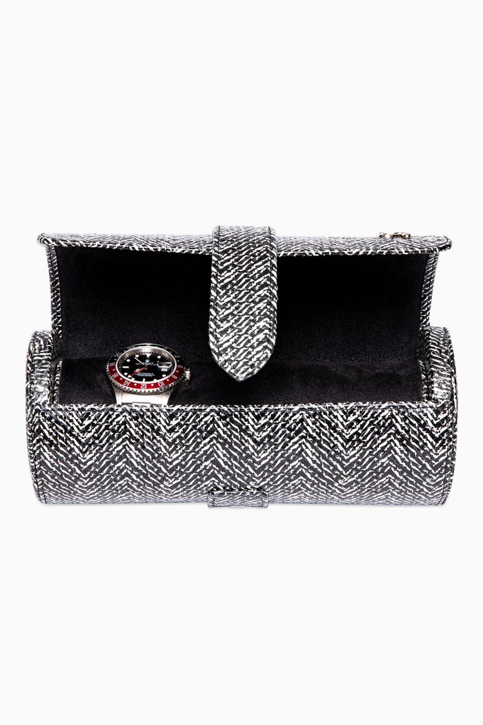 

Marlow Three Watch Roll in Snakeskin-embossed Leather, Black