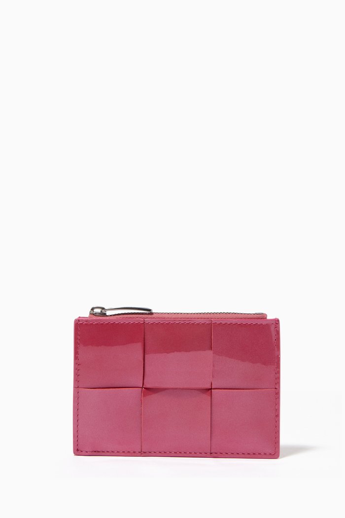 

Zipped Card Case in Intrecciato Patent Leather, Pink