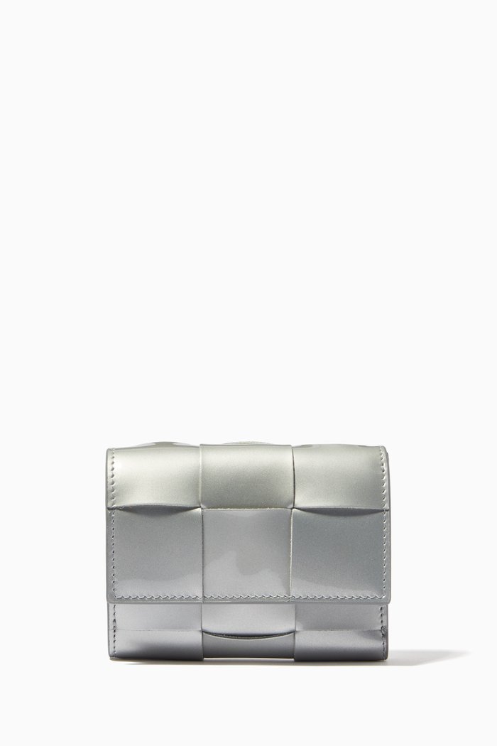 

Mini Tri-fold Zip Wallet in Metallic Intrecciato Nappa, Silver