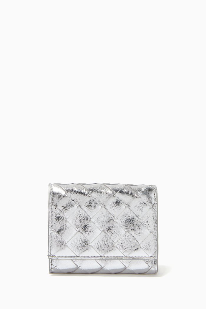 

Tri-fold Zip Wallet in Intrecciato Metallic Nappa, Silver