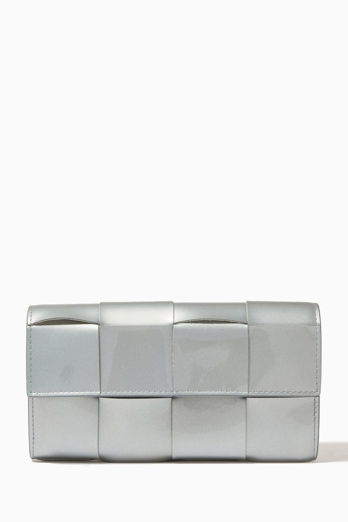 

Flap Wallet in Intrecciato Metallised Leather, Silver