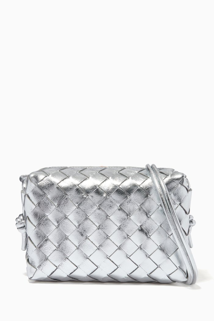 

Loop Mini Crossbody Bag in Intrecciato Laminated Nappa, Silver