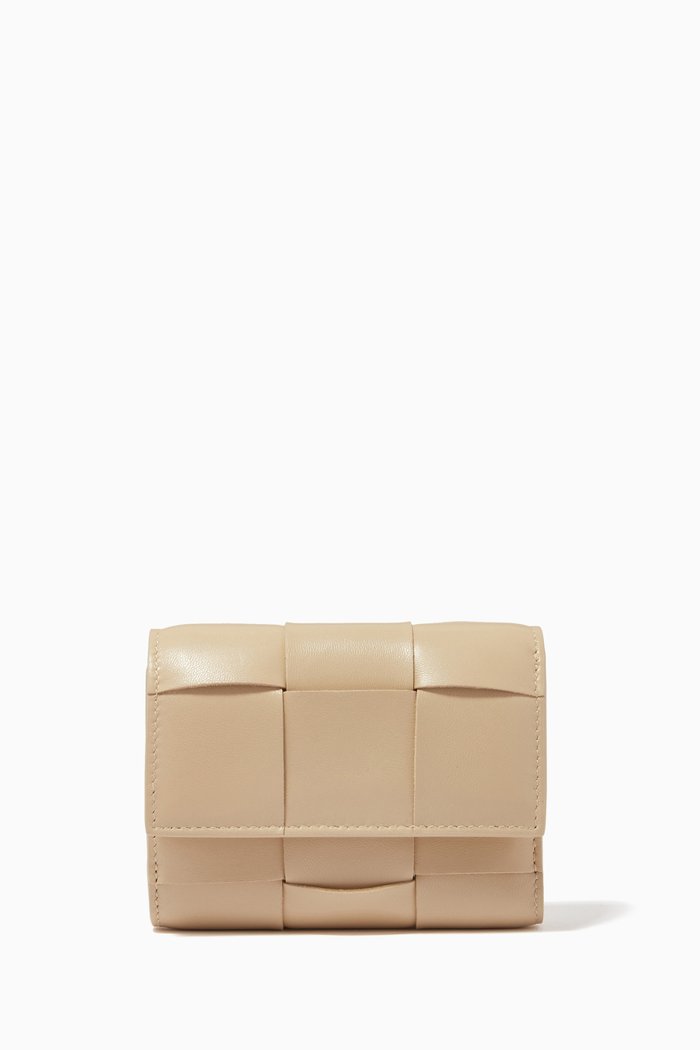 

Mini Tri-fold Zip Wallet in Intrecciato Nappa, Neutral