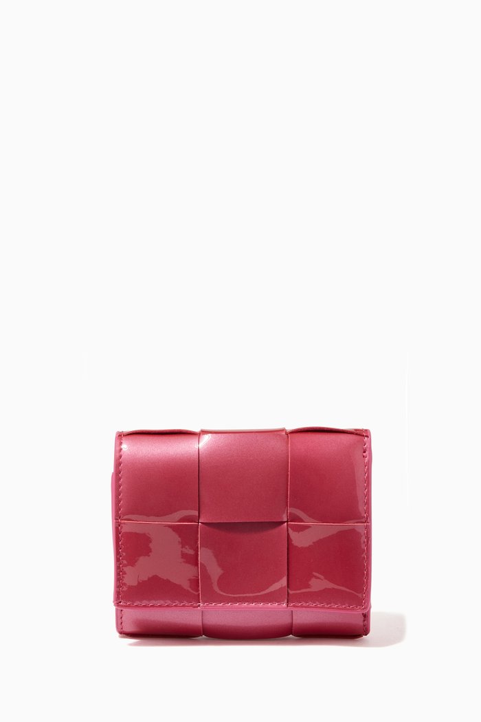 

Tri-fold Zip Wallet in Glossy Intrecciato Nappa, Pink