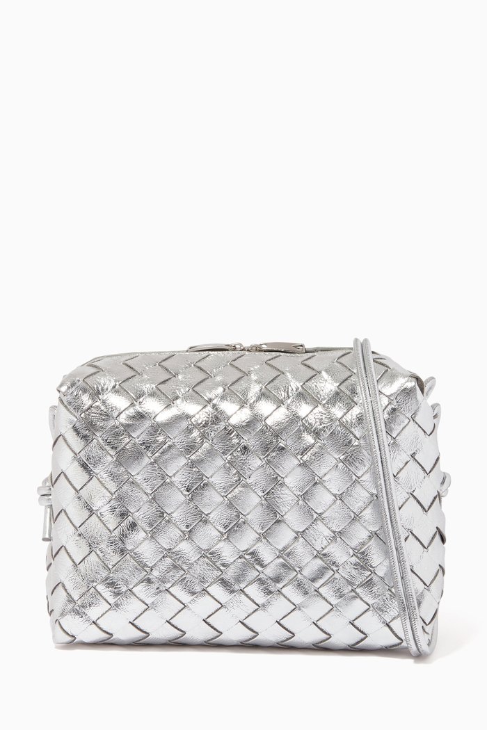 

Loop Small Crossbody Bag in Laminated Intrecciato Nappa, Silver