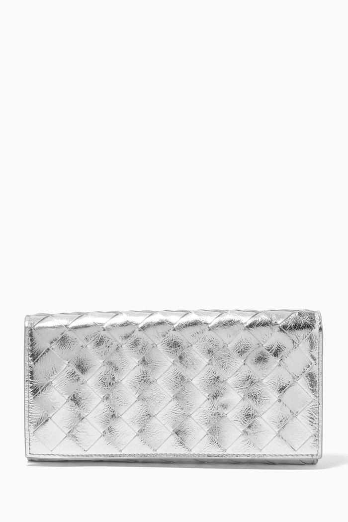 

Flap Wallet in Intrecciato Metallic Nappa, Silver