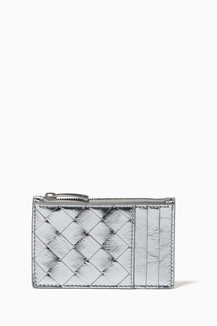 

Zipped Card Case in Intrecciato Nappa, Silver