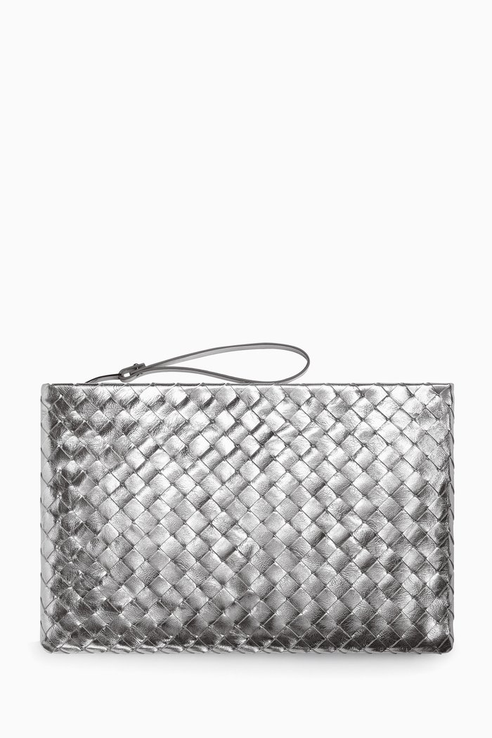 

Large Pouch in Intrecciato Laminated Nappa, Silver