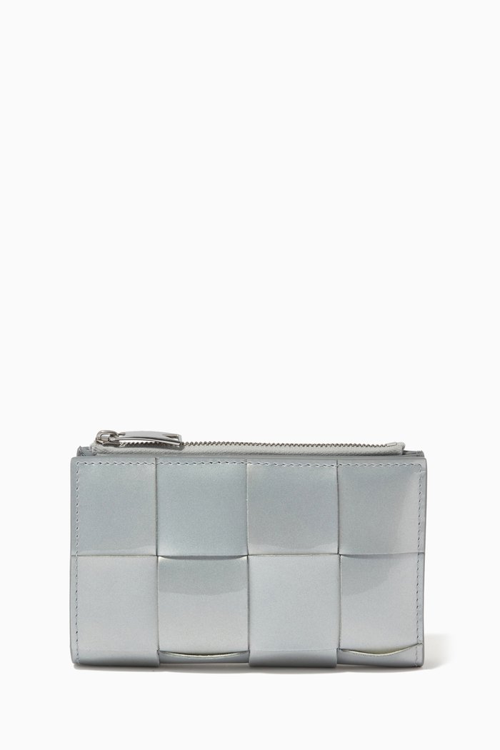 

Bi-fold Zip Wallet in Intrecciato Metallic Nappa, Silver