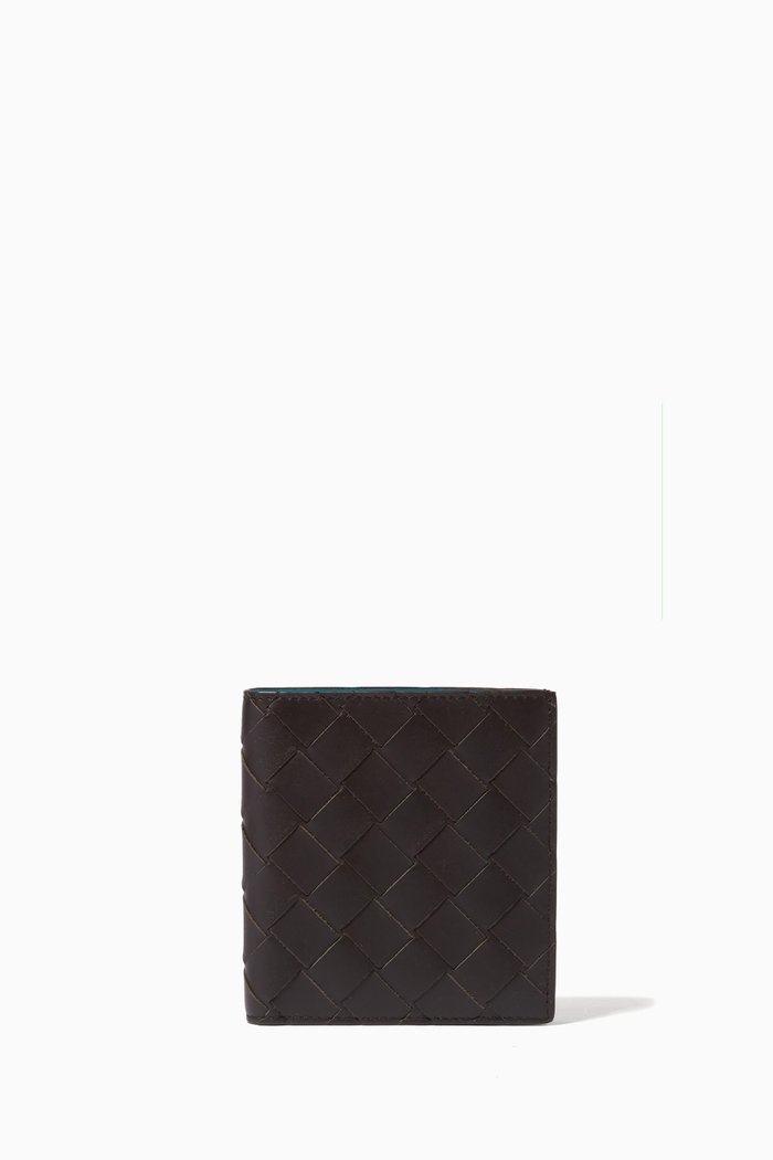 

Slim Bi-fold Wallet in Intrecciato Leather, Brown