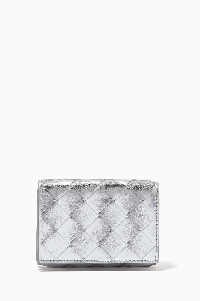 

Tiny Tri-fold Wallet in Intrecciato Metallic Nappa, Silver