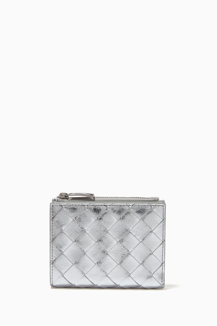 

Mini Bi-fold Zip Wallet in Intrecciato Metallic Nappa, Silver