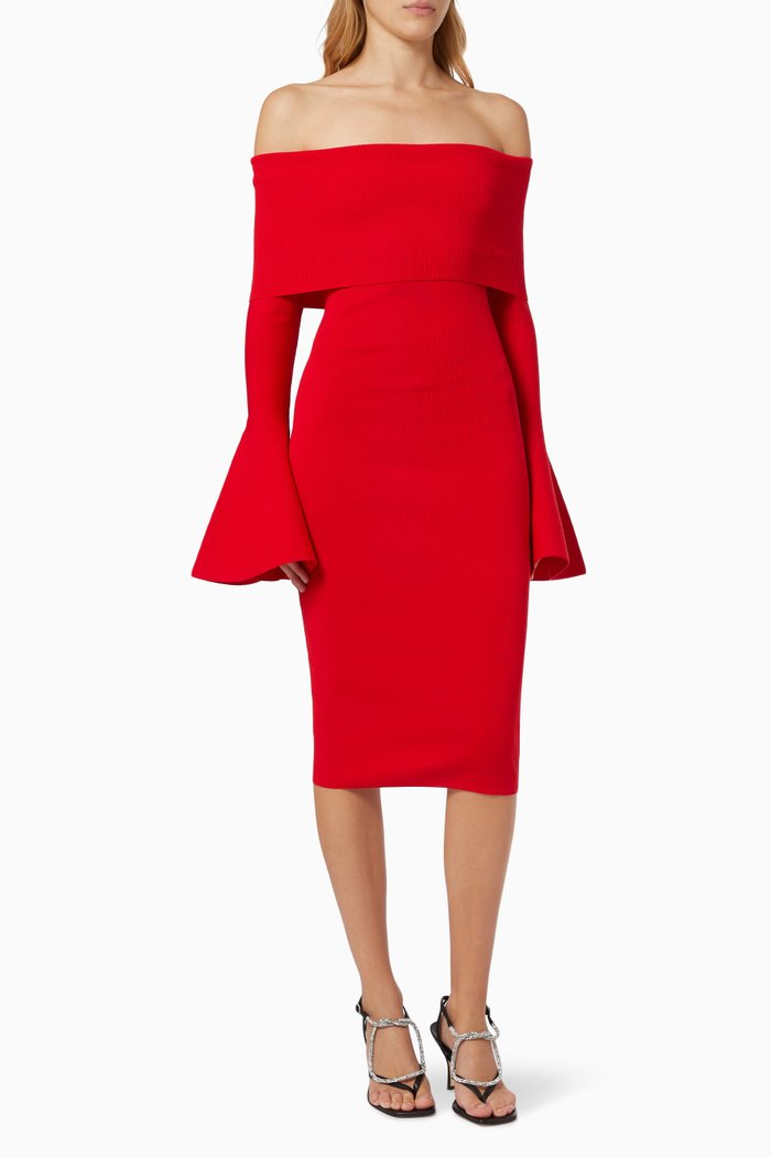 Mori Midi Dress in Rib-knit, Red