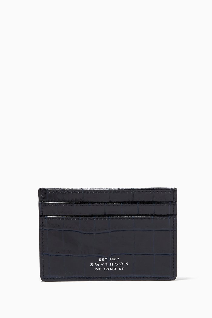 Mara Card Holder in Croc-Embossed Leather, Blue
