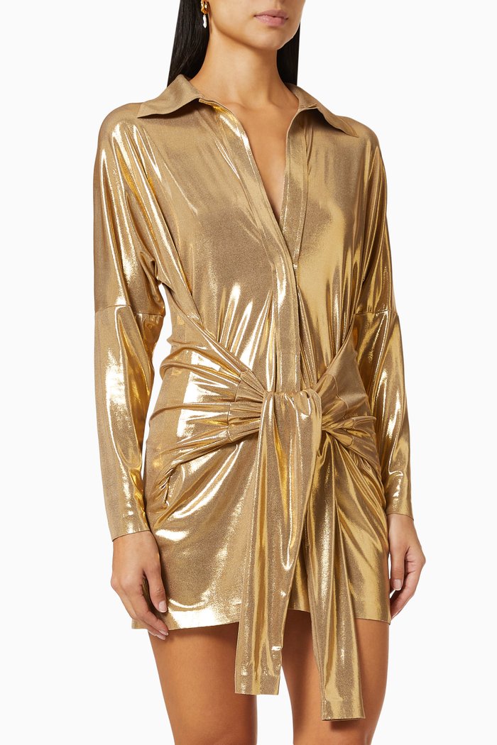 

Ty Front Mini Dress in Lamé, Gold