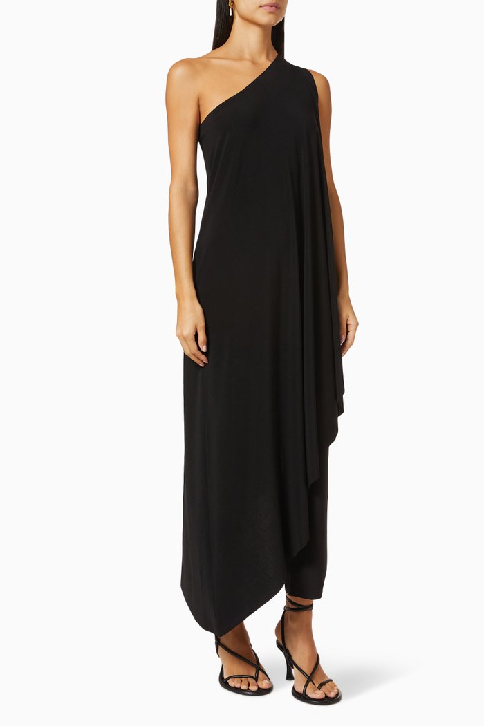 

One Shoulder Diagonal Tunic in Poly Lycra, Black